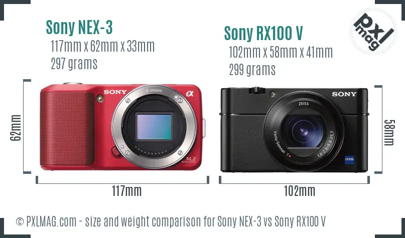 Sony NEX-3 vs Sony RX100 V size comparison