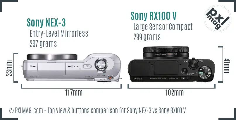 Sony NEX-3 vs Sony RX100 V top view buttons comparison