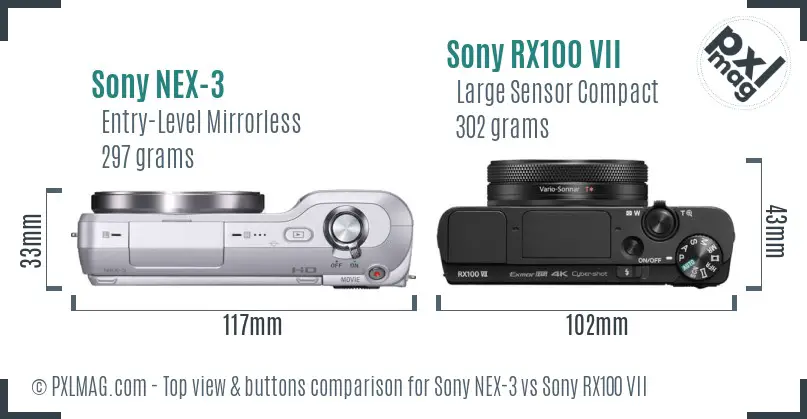 Sony NEX-3 vs Sony RX100 VII top view buttons comparison
