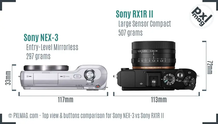 Sony NEX-3 vs Sony RX1R II top view buttons comparison