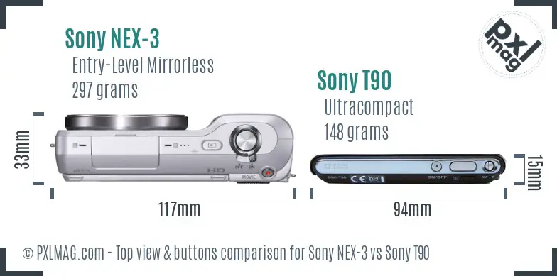 Sony NEX-3 vs Sony T90 top view buttons comparison