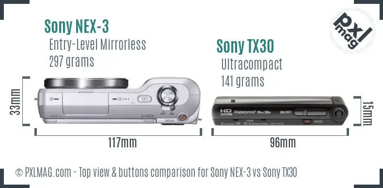Sony NEX-3 vs Sony TX30 top view buttons comparison