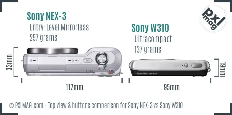 Sony NEX-3 vs Sony W310 top view buttons comparison