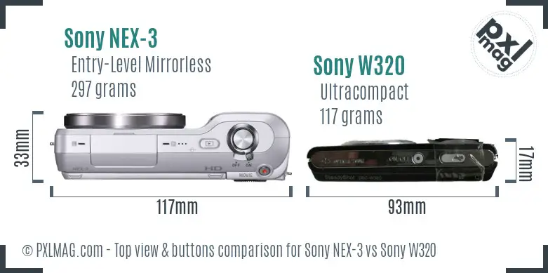 Sony NEX-3 vs Sony W320 top view buttons comparison