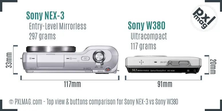 Sony NEX-3 vs Sony W380 top view buttons comparison