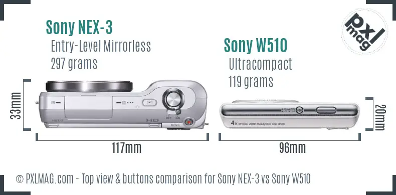Sony NEX-3 vs Sony W510 top view buttons comparison