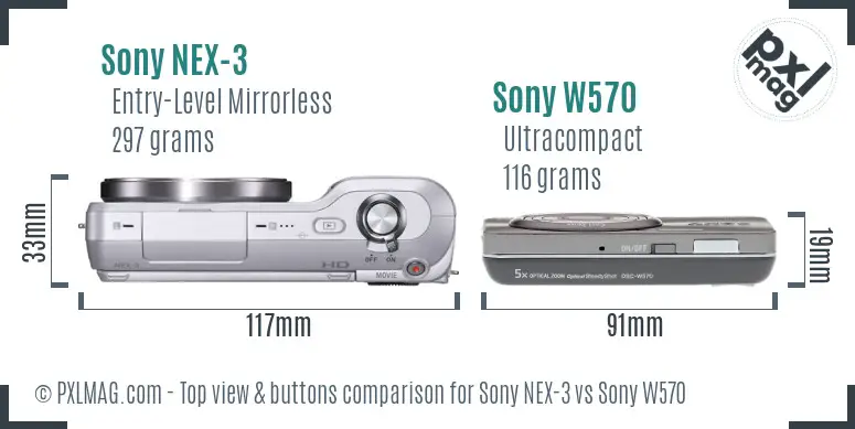 Sony NEX-3 vs Sony W570 top view buttons comparison