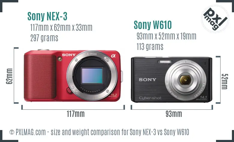 Sony NEX-3 vs Sony W610 size comparison