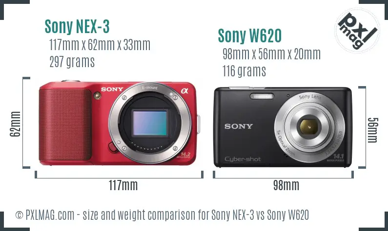 Sony NEX-3 vs Sony W620 size comparison