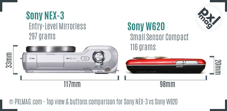 Sony NEX-3 vs Sony W620 top view buttons comparison