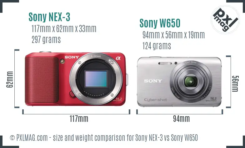 Sony NEX-3 vs Sony W650 size comparison