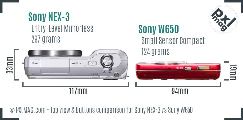 Sony NEX-3 vs Sony W650 top view buttons comparison