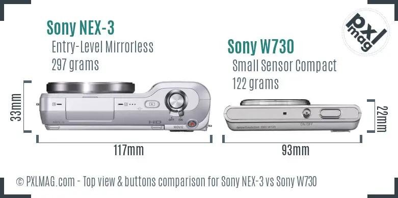 Sony NEX-3 vs Sony W730 top view buttons comparison