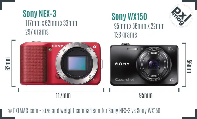 Sony NEX-3 vs Sony WX150 size comparison