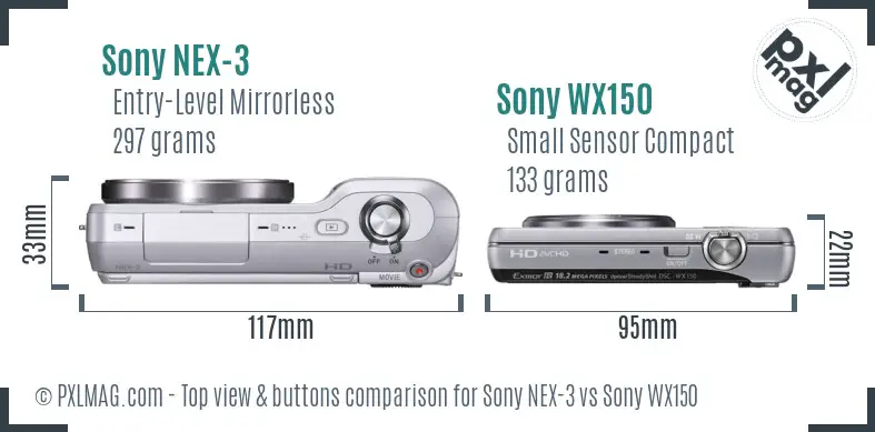 Sony NEX-3 vs Sony WX150 top view buttons comparison