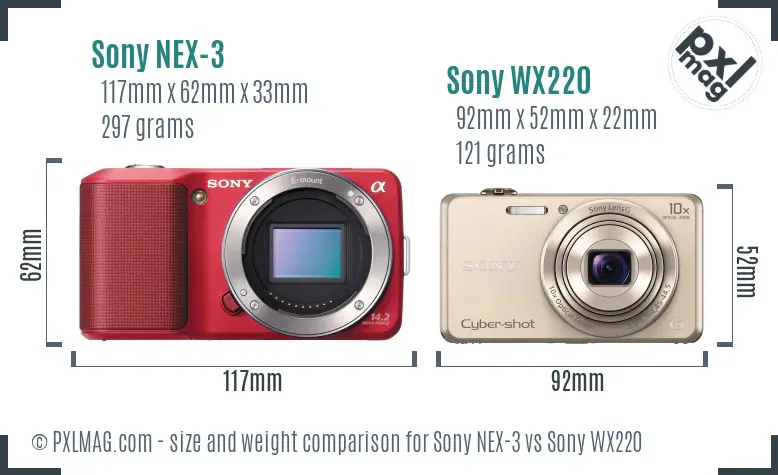 Sony NEX-3 vs Sony WX220 size comparison