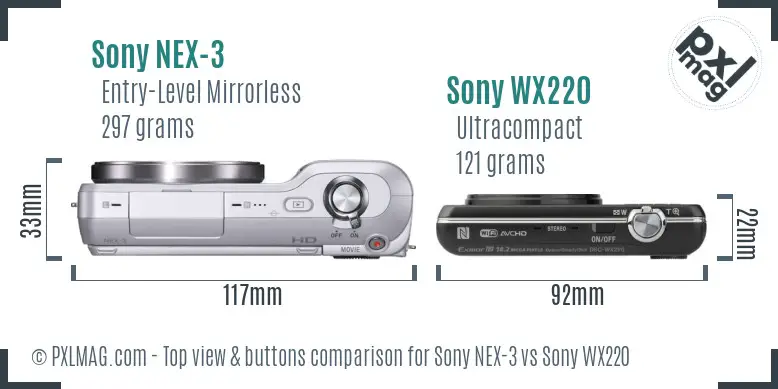 Sony NEX-3 vs Sony WX220 top view buttons comparison