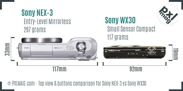 Sony NEX-3 vs Sony WX30 top view buttons comparison