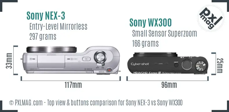 Sony NEX-3 vs Sony WX300 top view buttons comparison