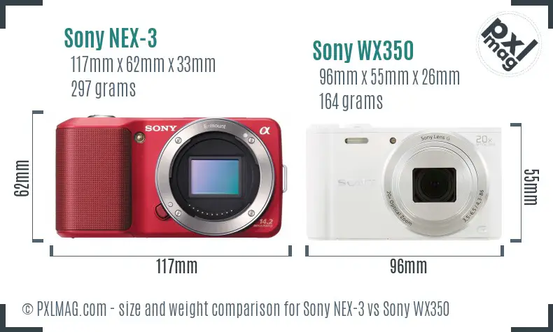 Sony NEX-3 vs Sony WX350 size comparison