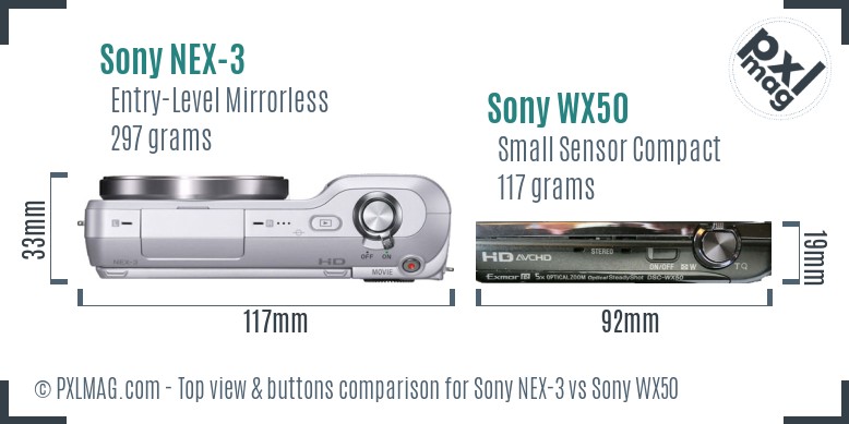 Sony NEX-3 vs Sony WX50 top view buttons comparison