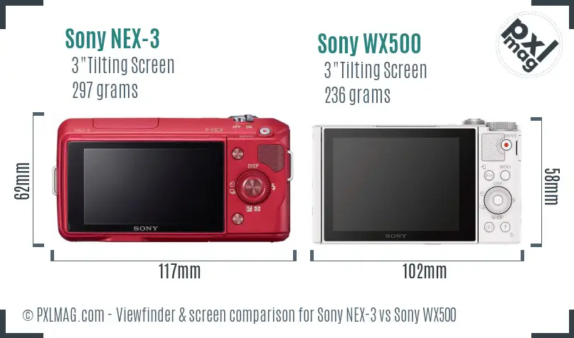 Sony NEX-3 vs Sony WX500 Screen and Viewfinder comparison