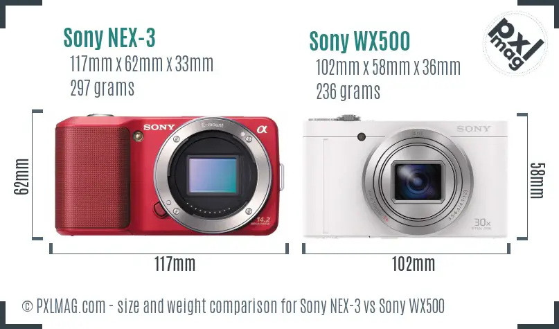 Sony NEX-3 vs Sony WX500 size comparison