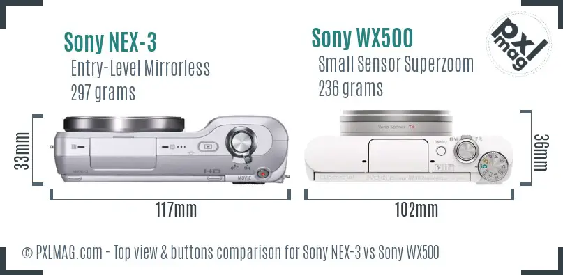 Sony NEX-3 vs Sony WX500 top view buttons comparison