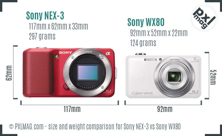 Sony NEX-3 vs Sony WX80 size comparison