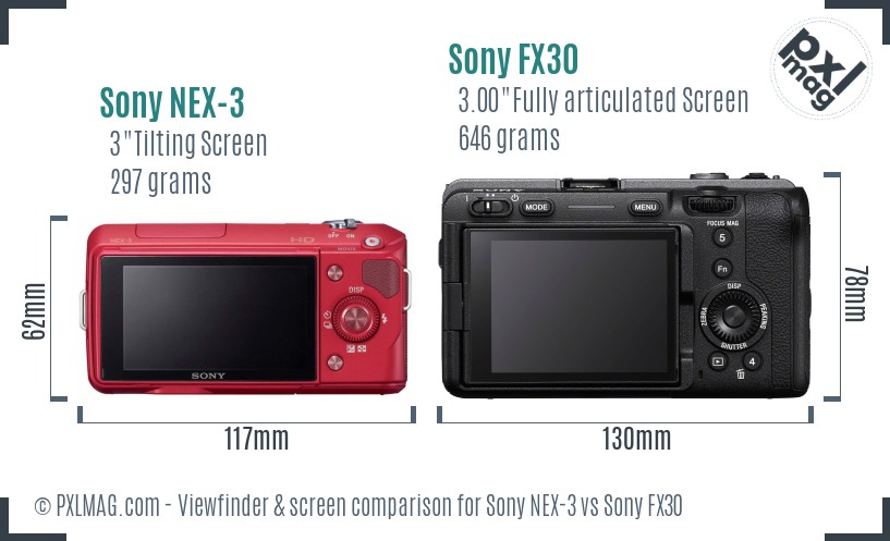 Sony NEX-3 vs Sony FX30 Screen and Viewfinder comparison