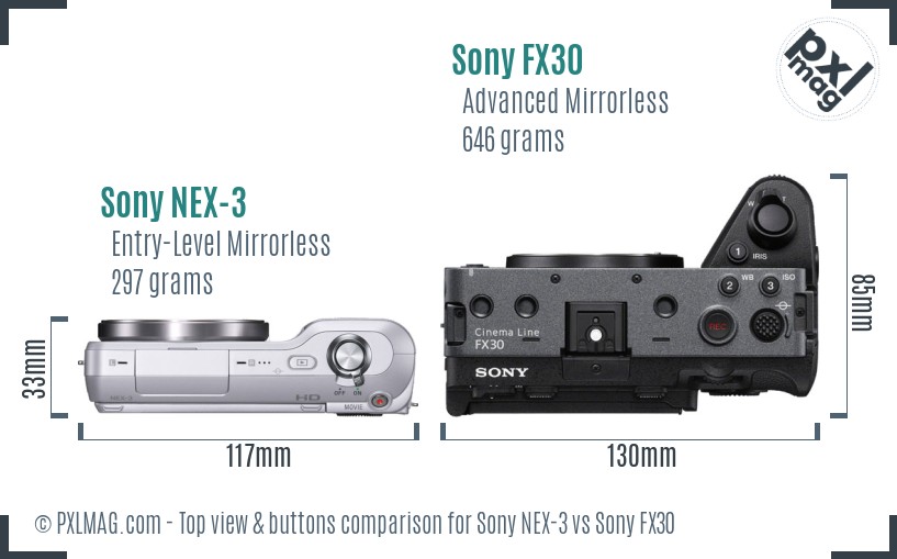 Sony NEX-3 vs Sony FX30 top view buttons comparison