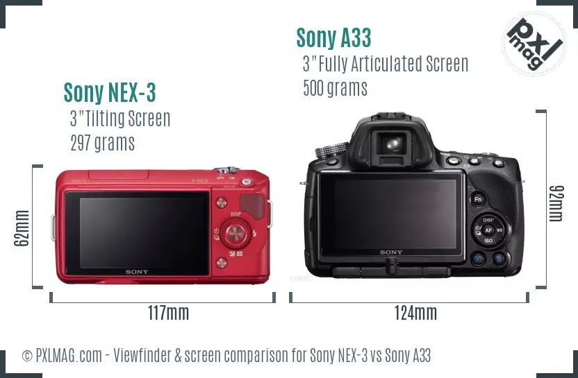 Sony NEX-3 vs Sony A33 Screen and Viewfinder comparison