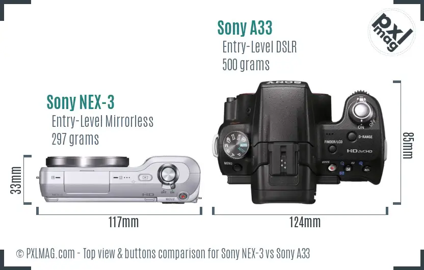 Sony NEX-3 vs Sony A33 top view buttons comparison