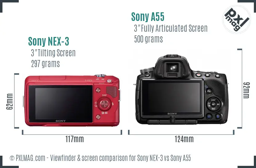 Sony NEX-3 vs Sony A55 Screen and Viewfinder comparison