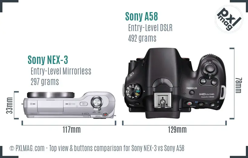Sony NEX-3 vs Sony A58 top view buttons comparison