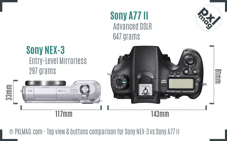Sony NEX-3 vs Sony A77 II top view buttons comparison