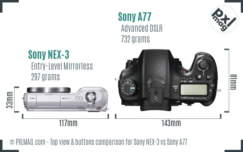 Sony NEX-3 vs Sony A77 top view buttons comparison