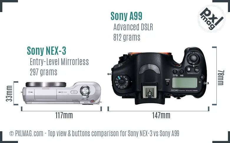 Sony NEX-3 vs Sony A99 top view buttons comparison