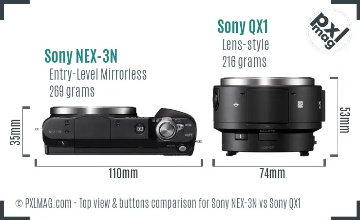 Sony NEX-3N vs Sony QX1 top view buttons comparison