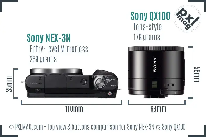 Sony NEX-3N vs Sony QX100 top view buttons comparison