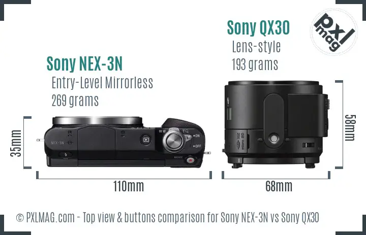 Sony NEX-3N vs Sony QX30 top view buttons comparison
