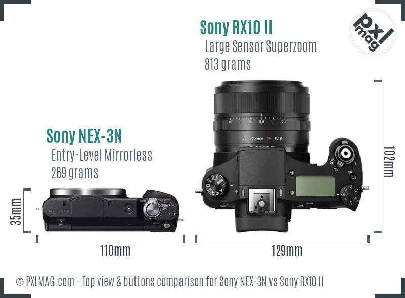 Sony NEX-3N vs Sony RX10 II top view buttons comparison