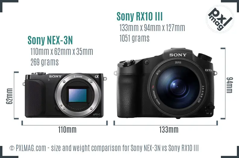 Sony NEX-3N vs Sony RX10 III size comparison