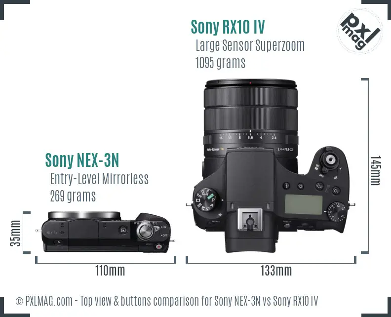 Sony NEX-3N vs Sony RX10 IV top view buttons comparison