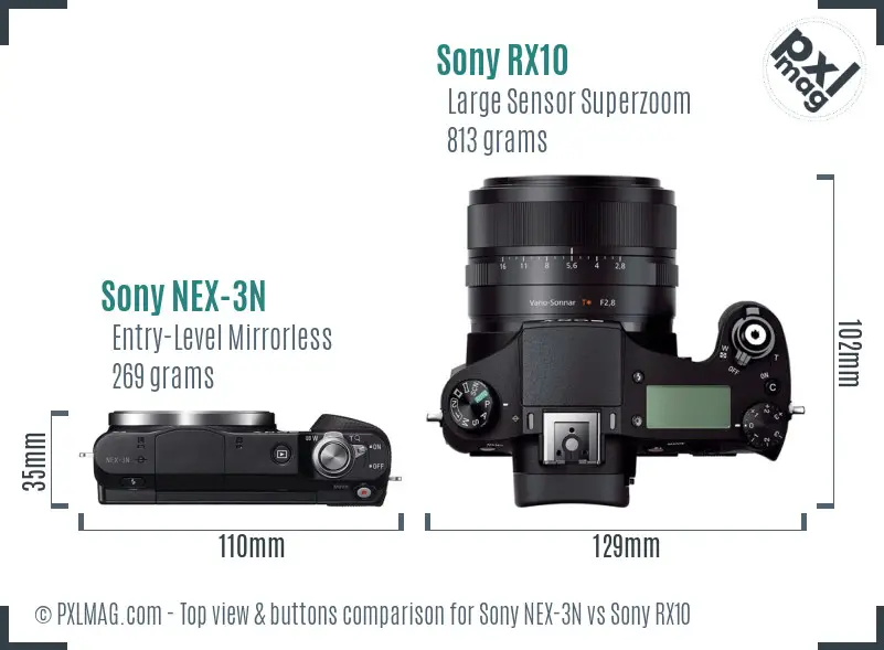 Sony NEX-3N vs Sony RX10 top view buttons comparison