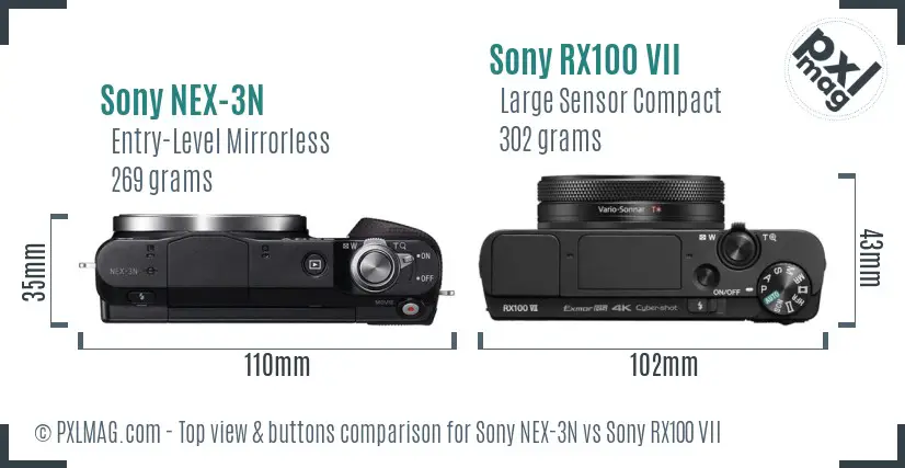 Sony NEX-3N vs Sony RX100 VII top view buttons comparison