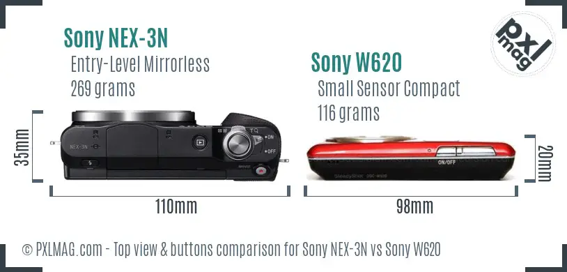 Sony NEX-3N vs Sony W620 top view buttons comparison