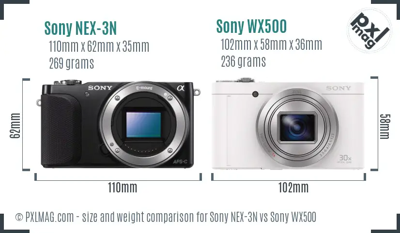 Sony NEX-3N vs Sony WX500 size comparison