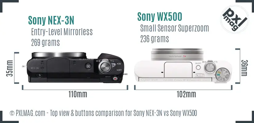 Sony NEX-3N vs Sony WX500 top view buttons comparison