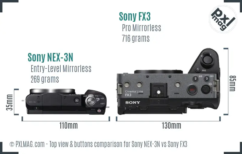 Sony NEX-3N vs Sony FX3 top view buttons comparison